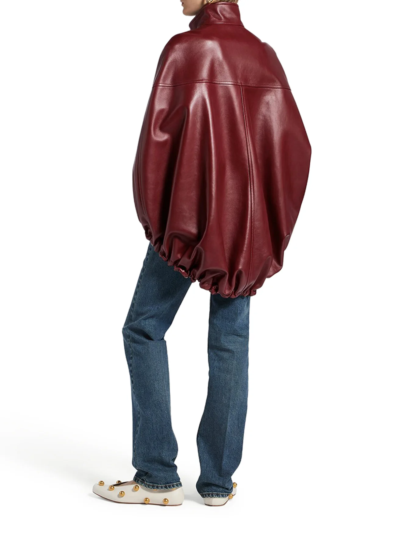 SHORT BURGUNDY LEATHER CAPE - Image 4