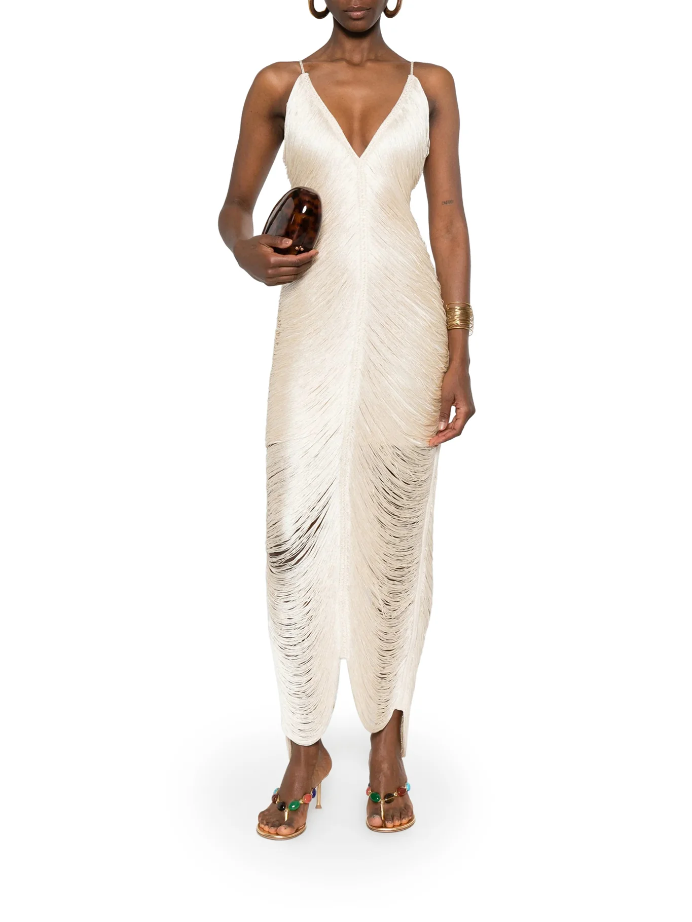 LONG SOLÉ DRESS WITH FRINGES AND V-NECK - Image 2