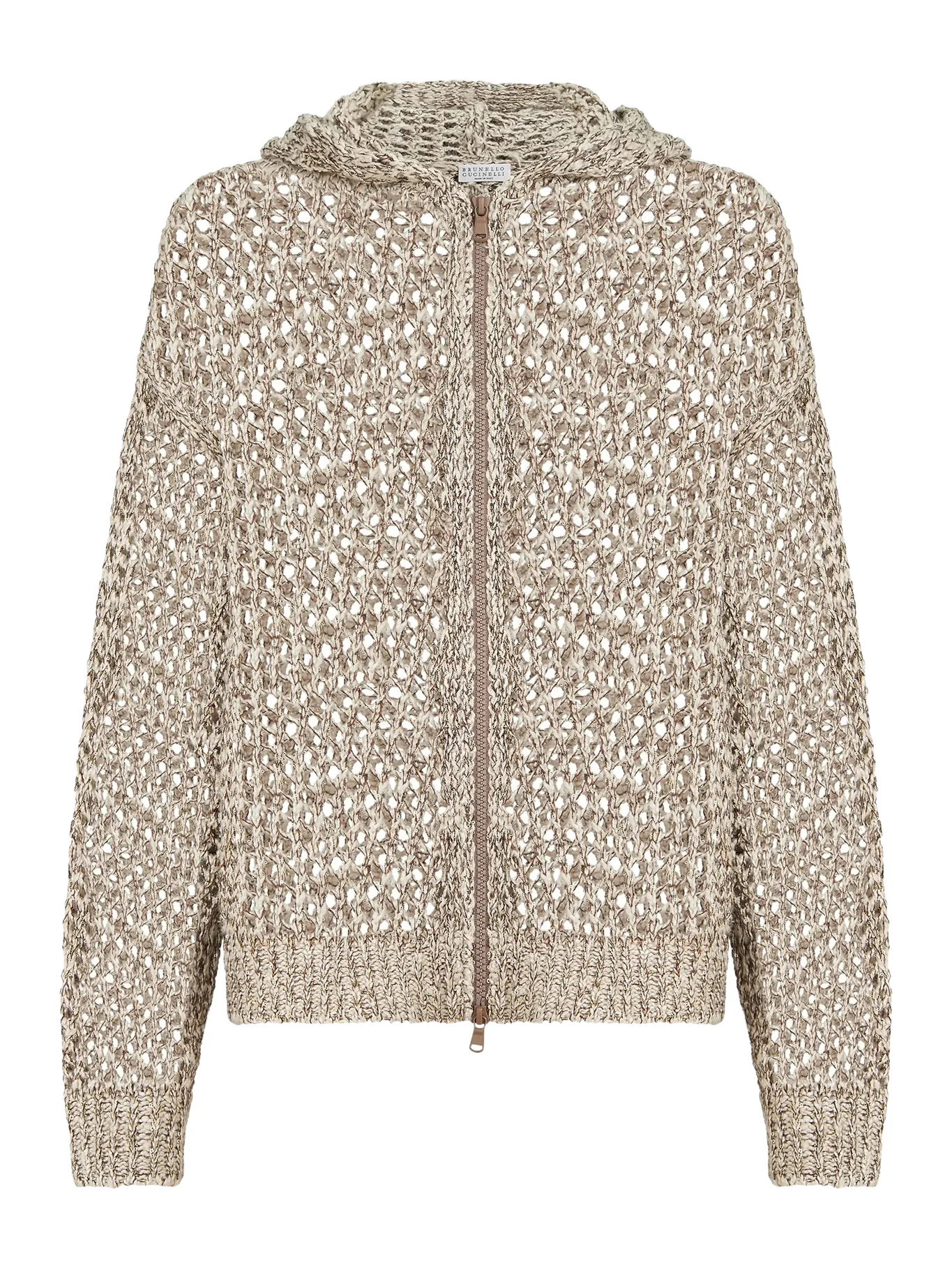 DAZZLING CHINÉ SILK AND LINEN KNIT CARDIGAN WITH HOOD AND ZIP