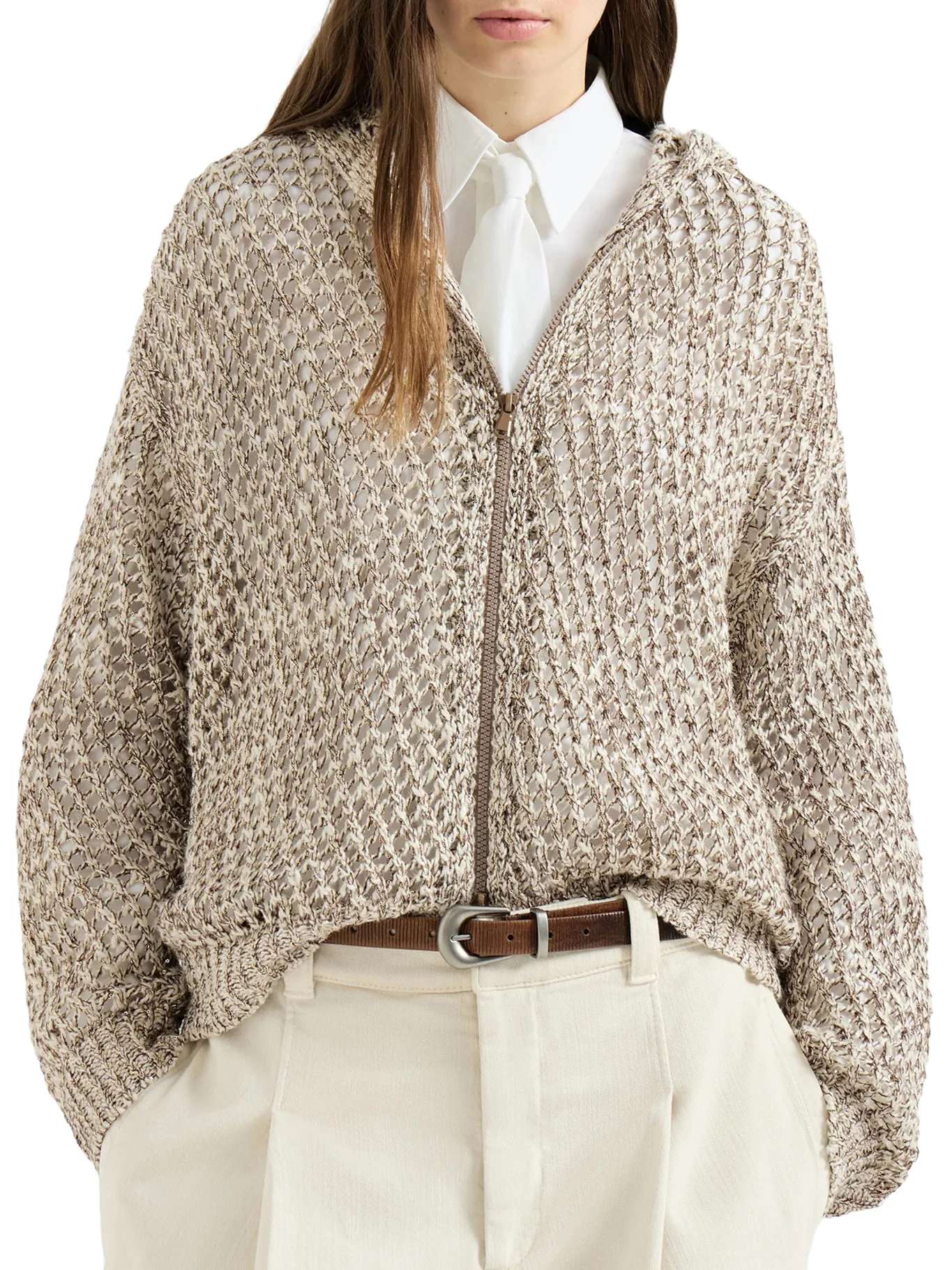 DAZZLING CHINÉ SILK AND LINEN KNIT CARDIGAN WITH HOOD AND ZIP - Image 3