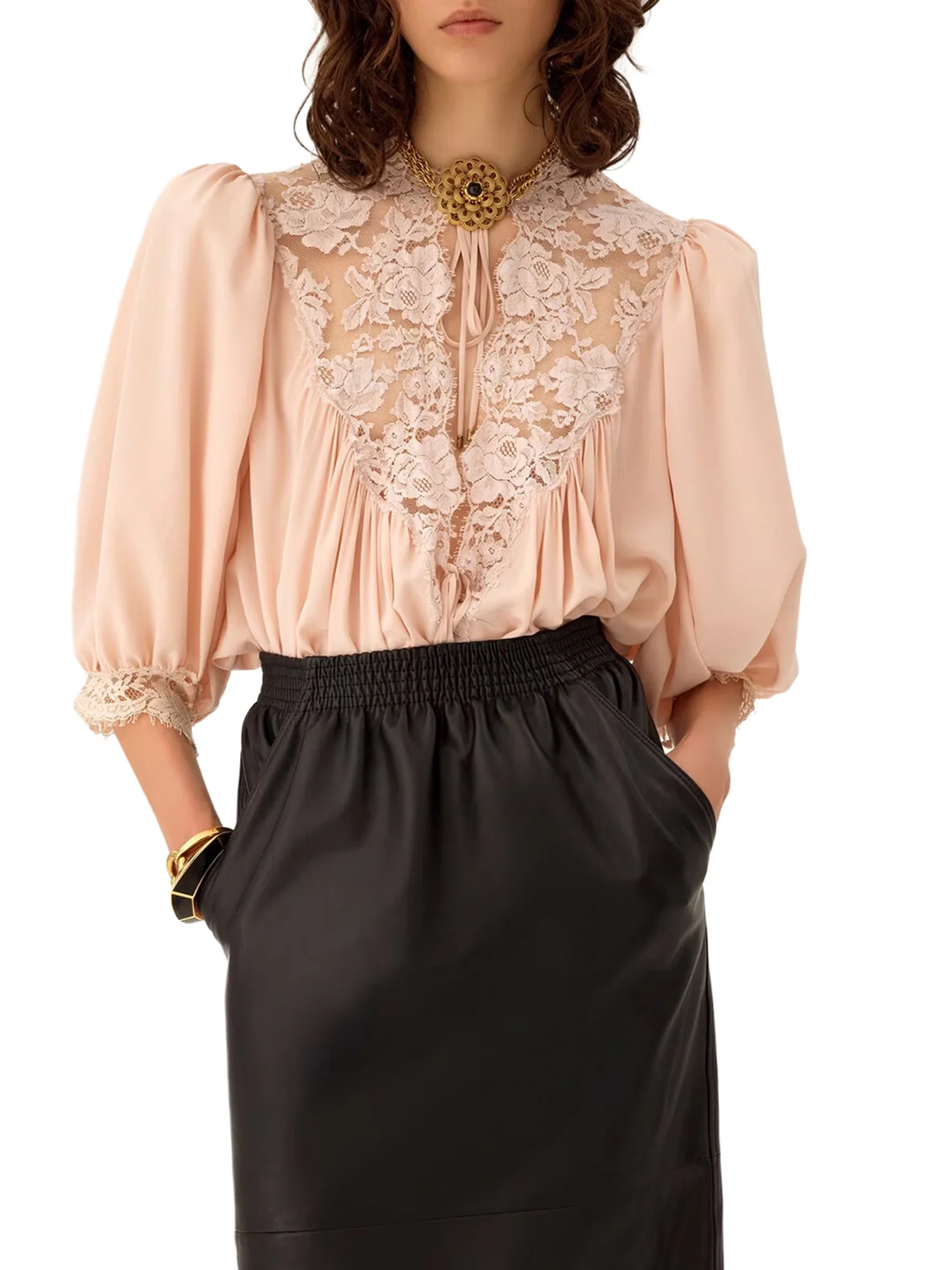 FLUID TOP WITH PUFFED SLEEVES IN CREPE DE CHINE AND LACE - Image 3