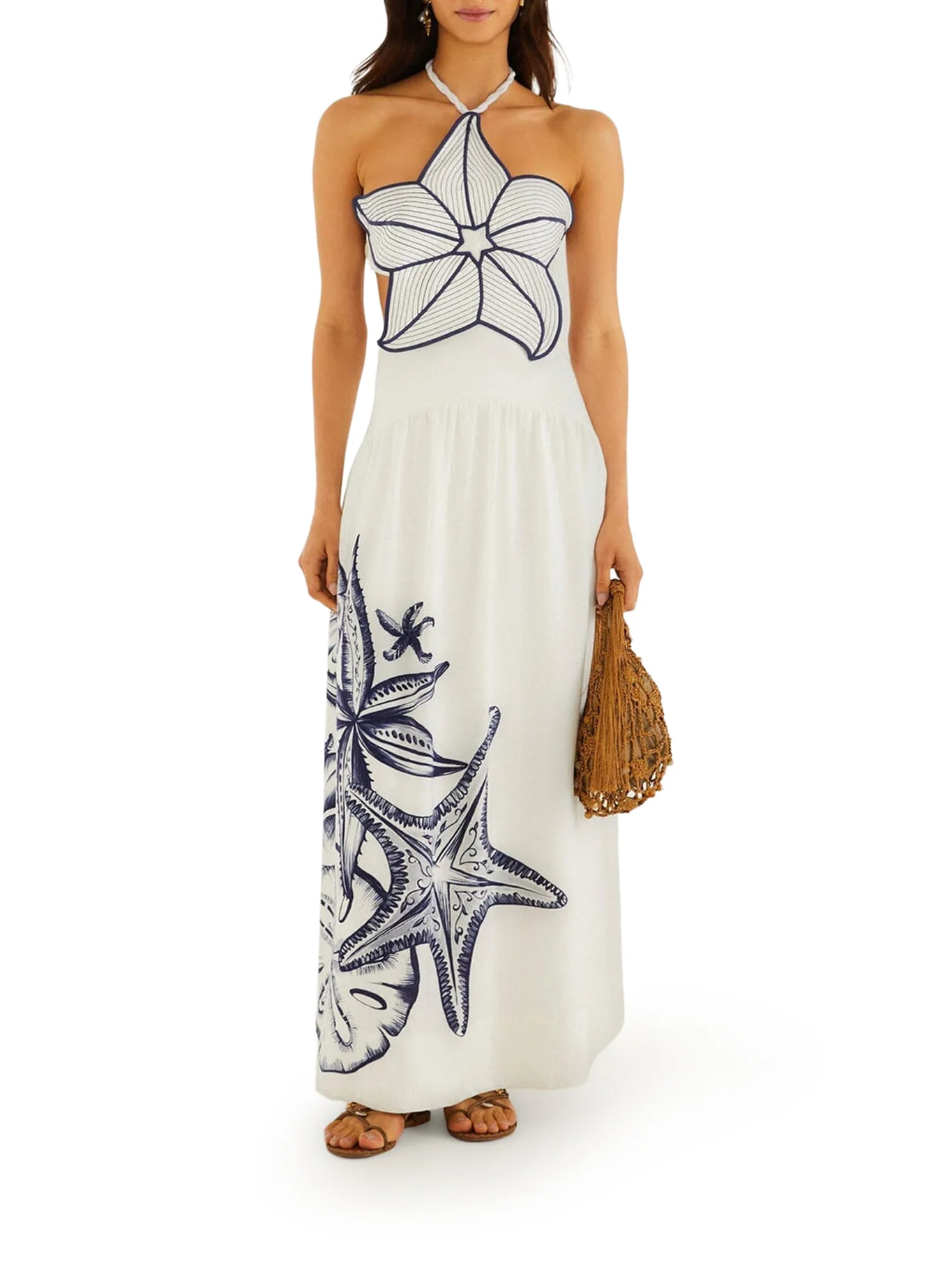 LONG HALTER DRESS WITH MARINE PRINT - Image 2