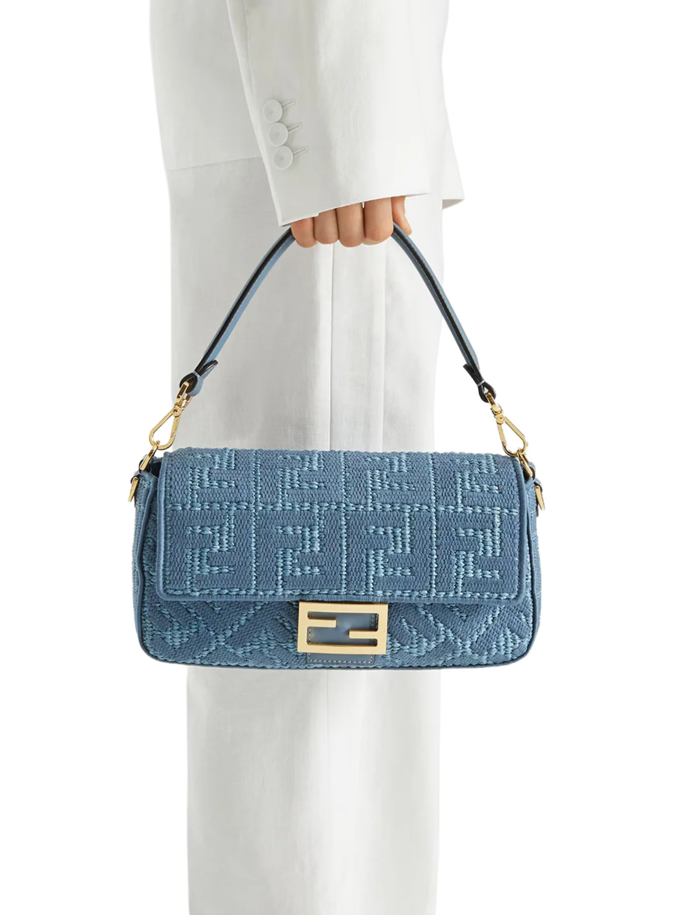 BAGUETTE BAG IN WOVEN RAFFIA WITH BLUE FF EMBROIDERY - Image 3