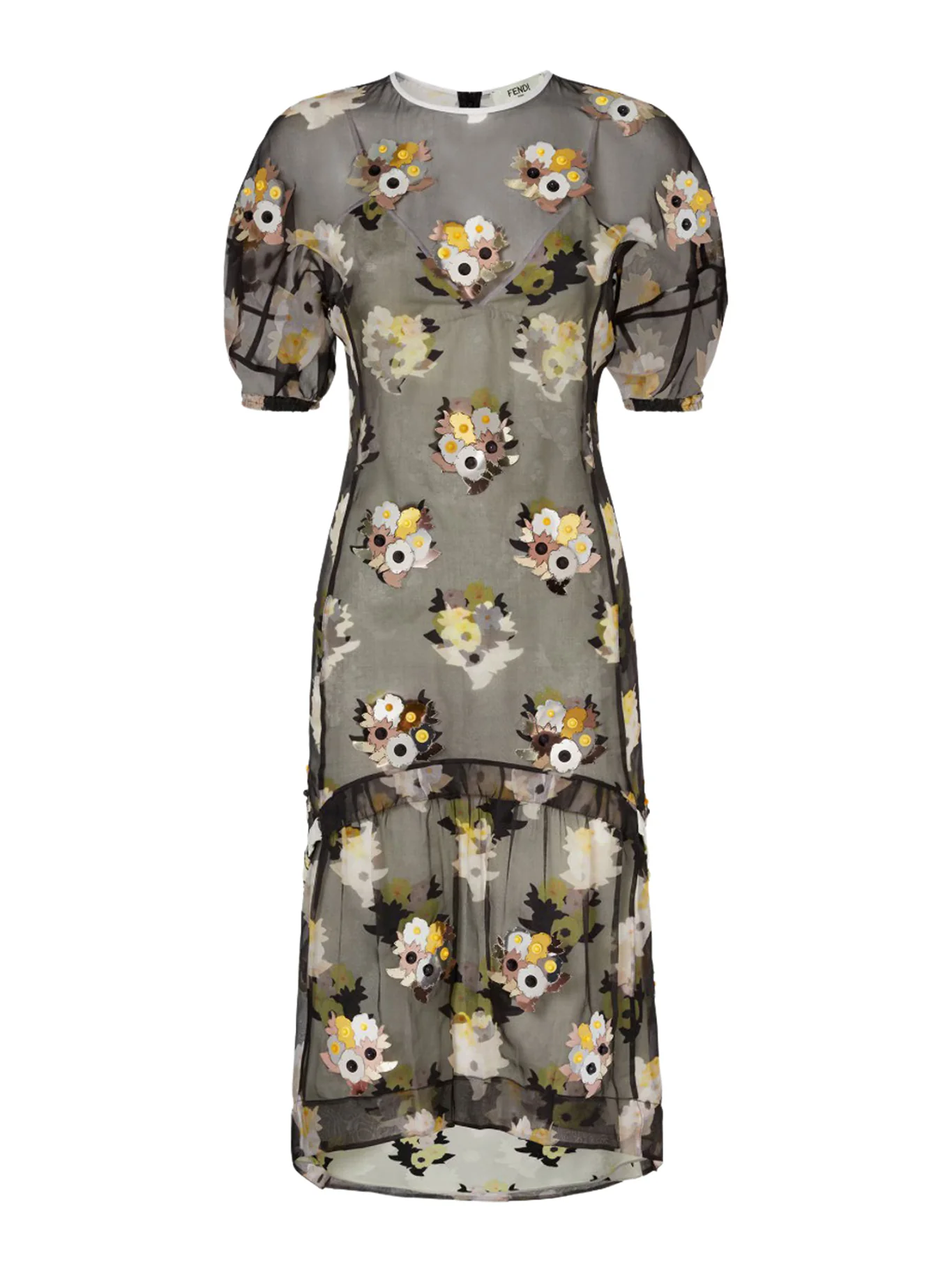 BLACK PRINTED ORGANZA DRESS WITH APPLIQUES