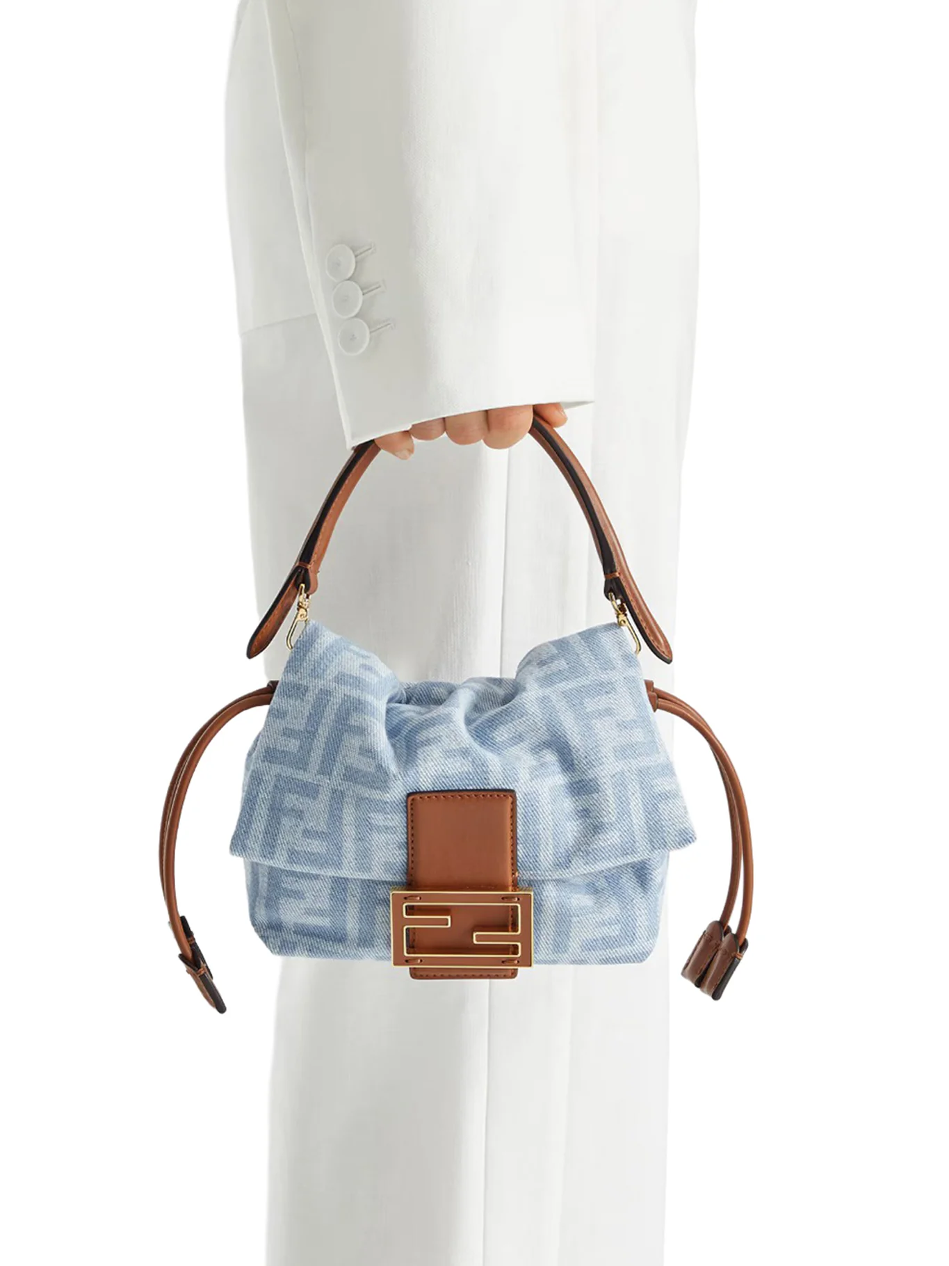 SMALL BAGUETTE MOM BAG IN DENIM FF LIGHT BLUE - Image 3