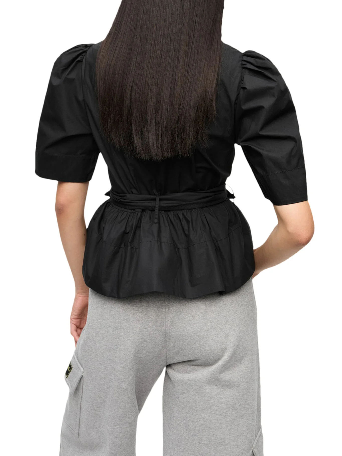 BLACK STRETCH COTTON TIE STRAP BLOUSE - Image 4
