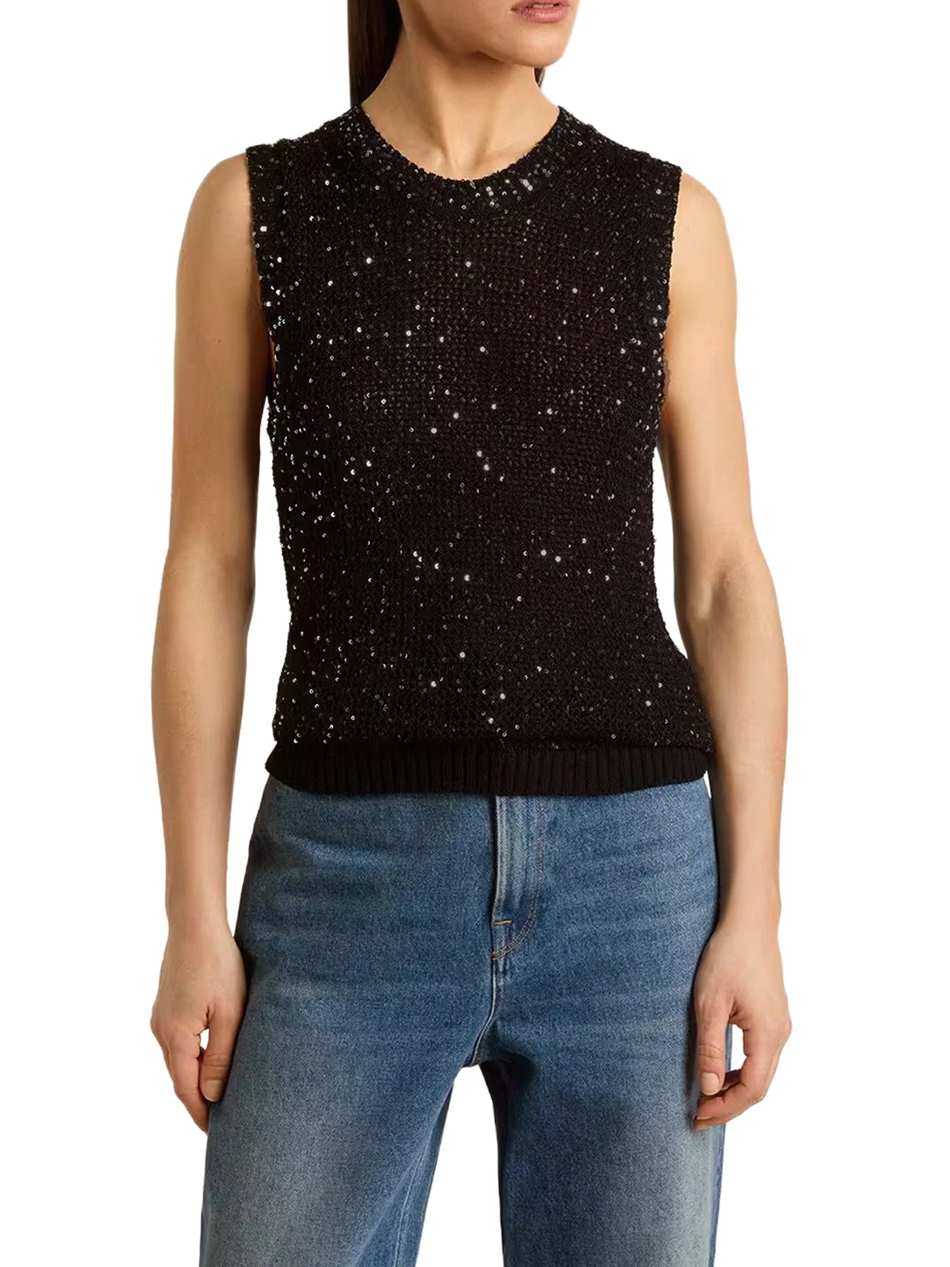 NET MESH TOP WITH SEQUINS AND CONTRASTING DETAILS - Image 3