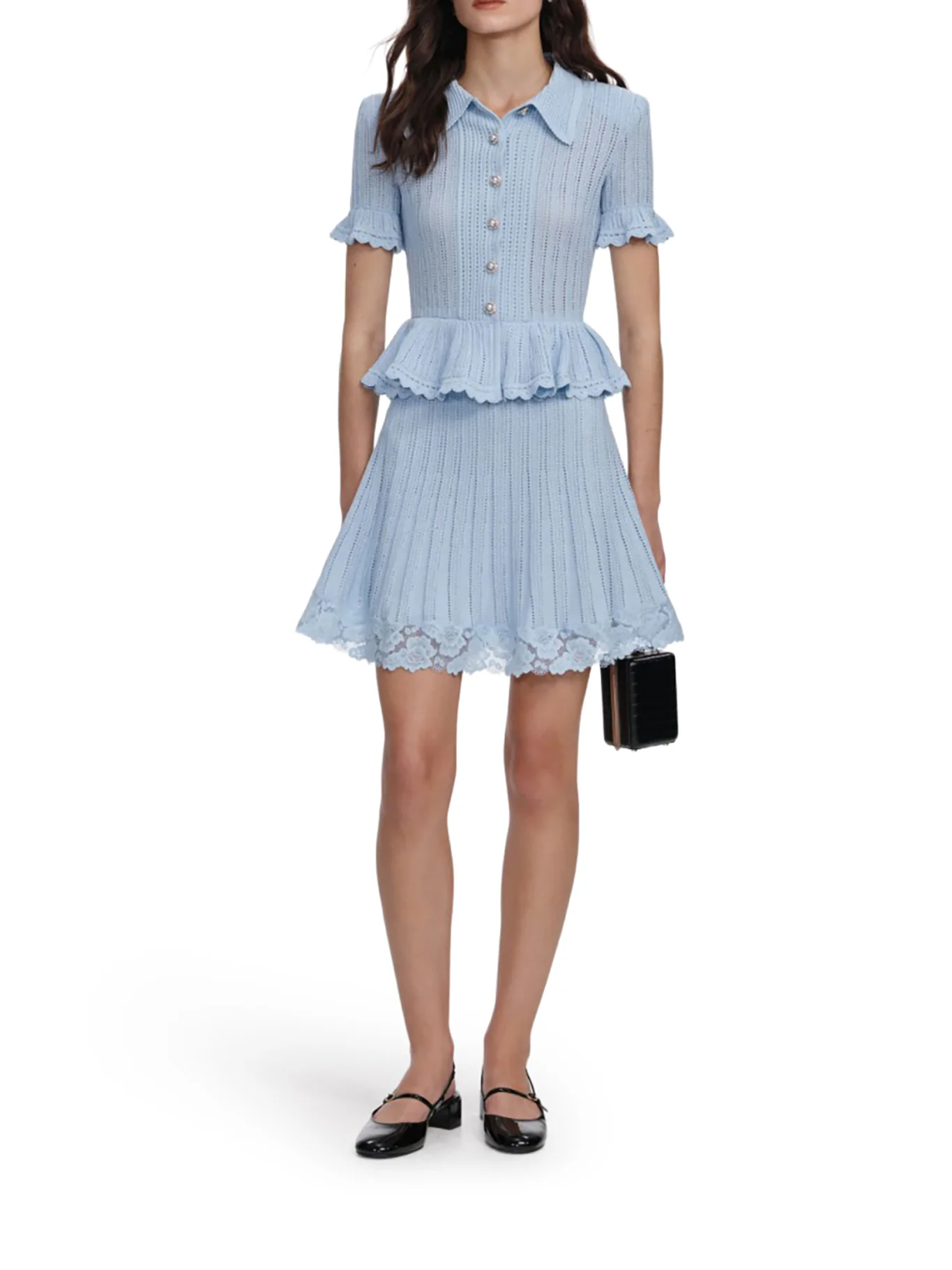 BLUE POINTELLE PEPLUM KNIT MINI DRESS - Image 2