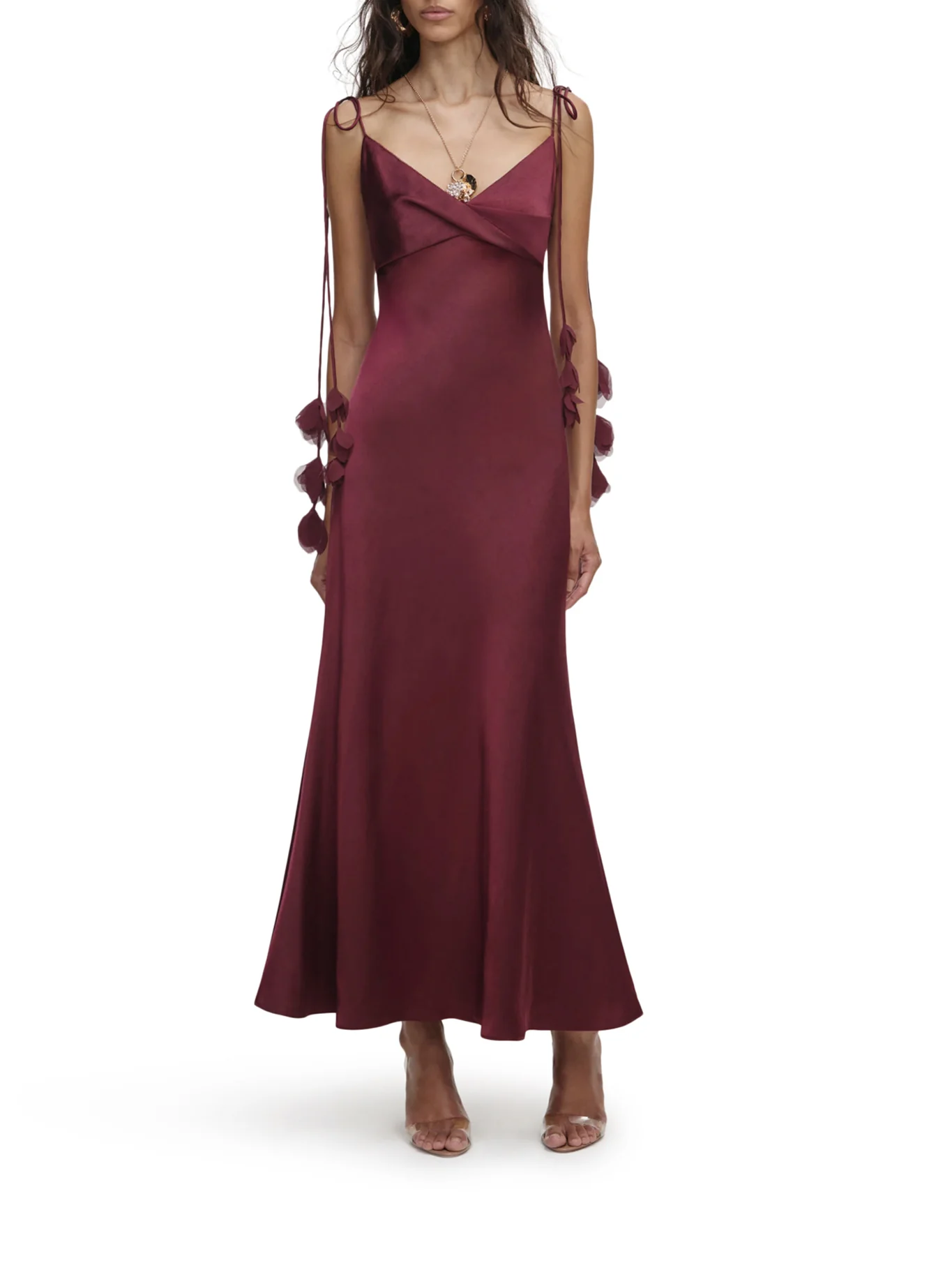 BURGUNDY SATIN FLOWER MIDI DRESS - Image 2