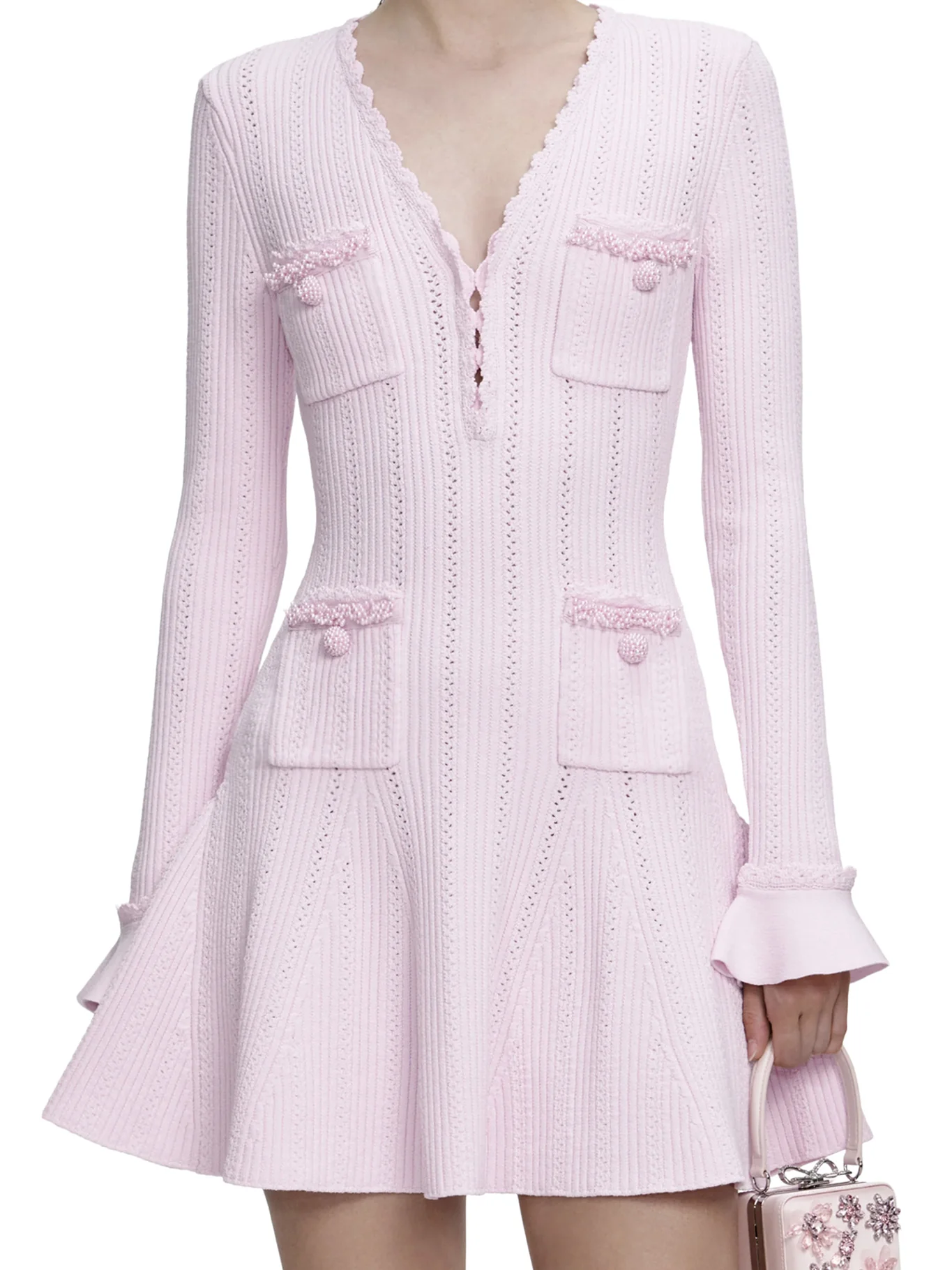 MINI KNITTED DRESS WITH PINK PEARL TRIM - Image 4