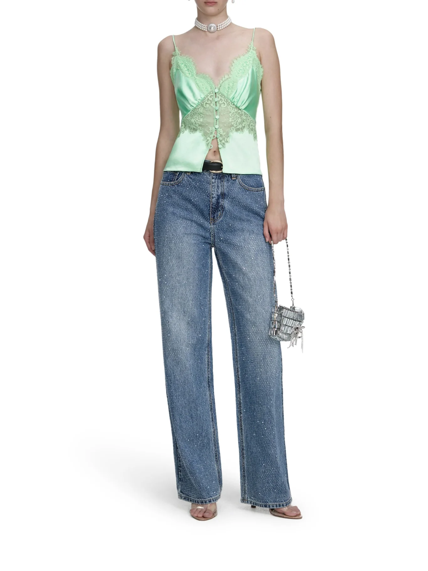STRAIGHT LEG DENIM JEANS WITH RHINESTONE - Image 2
