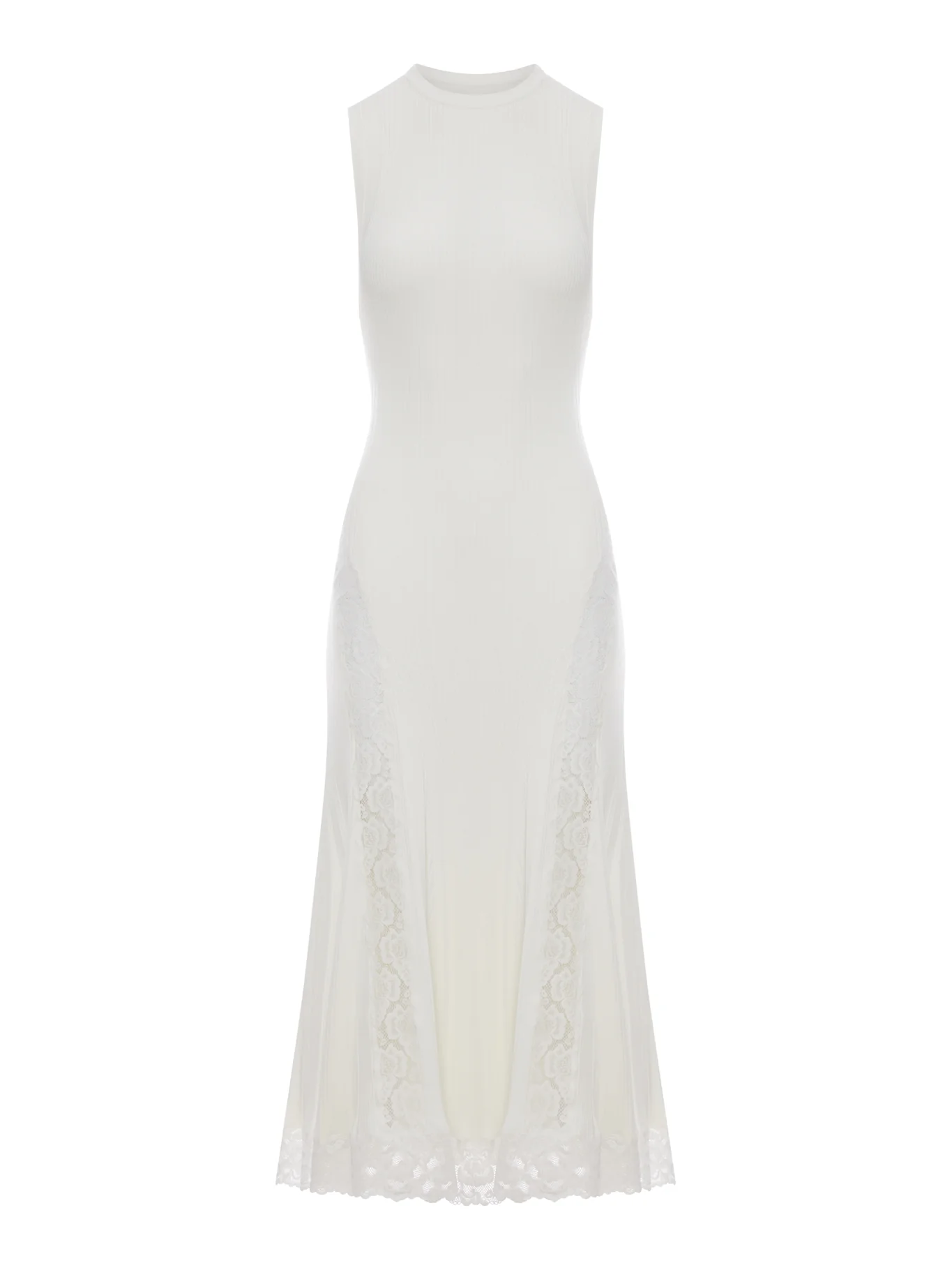 WHITE KNITTED MIDI DRESS WITH LACE INSERTS