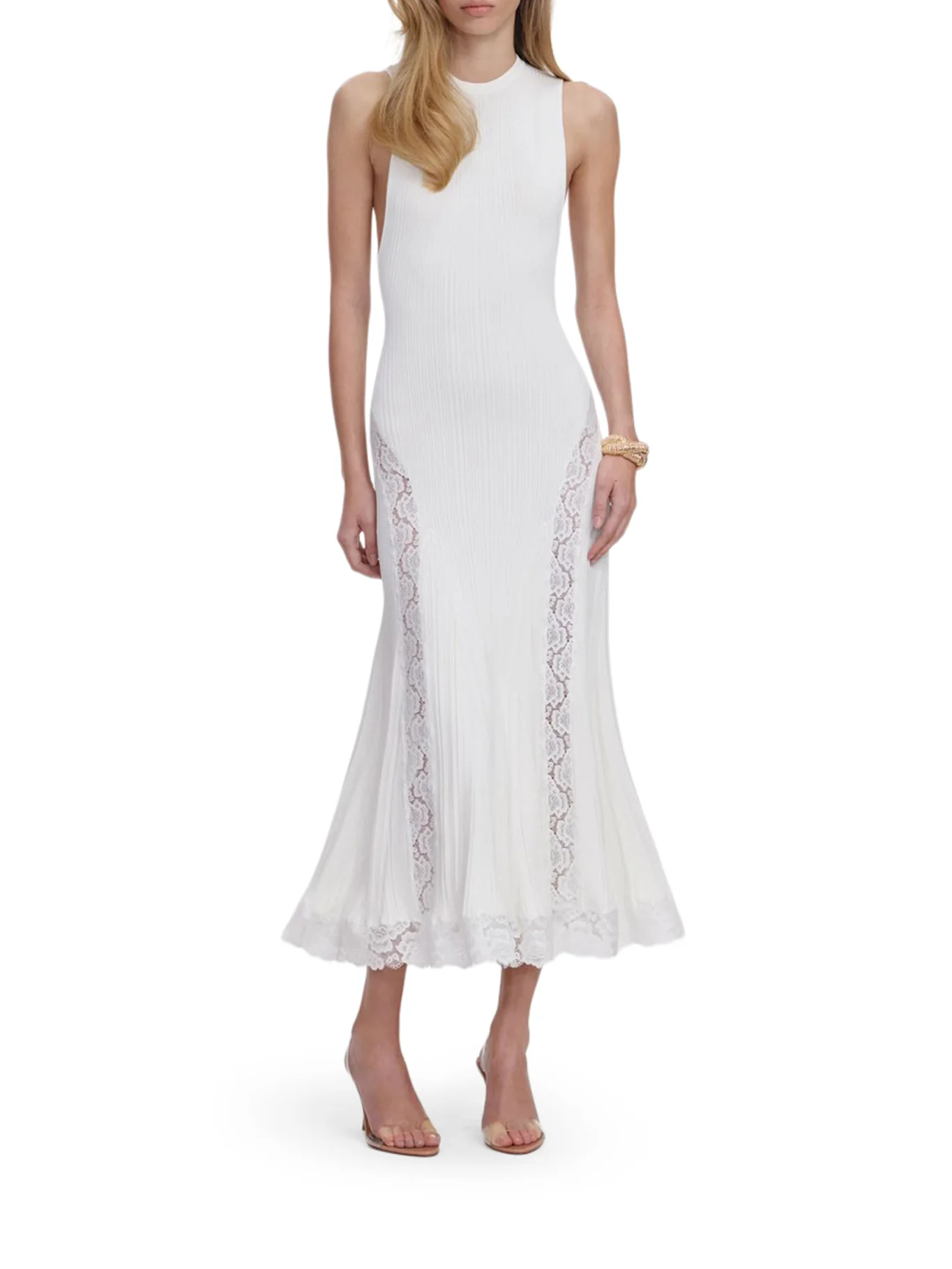 WHITE KNITTED MIDI DRESS WITH LACE INSERTS - Image 2