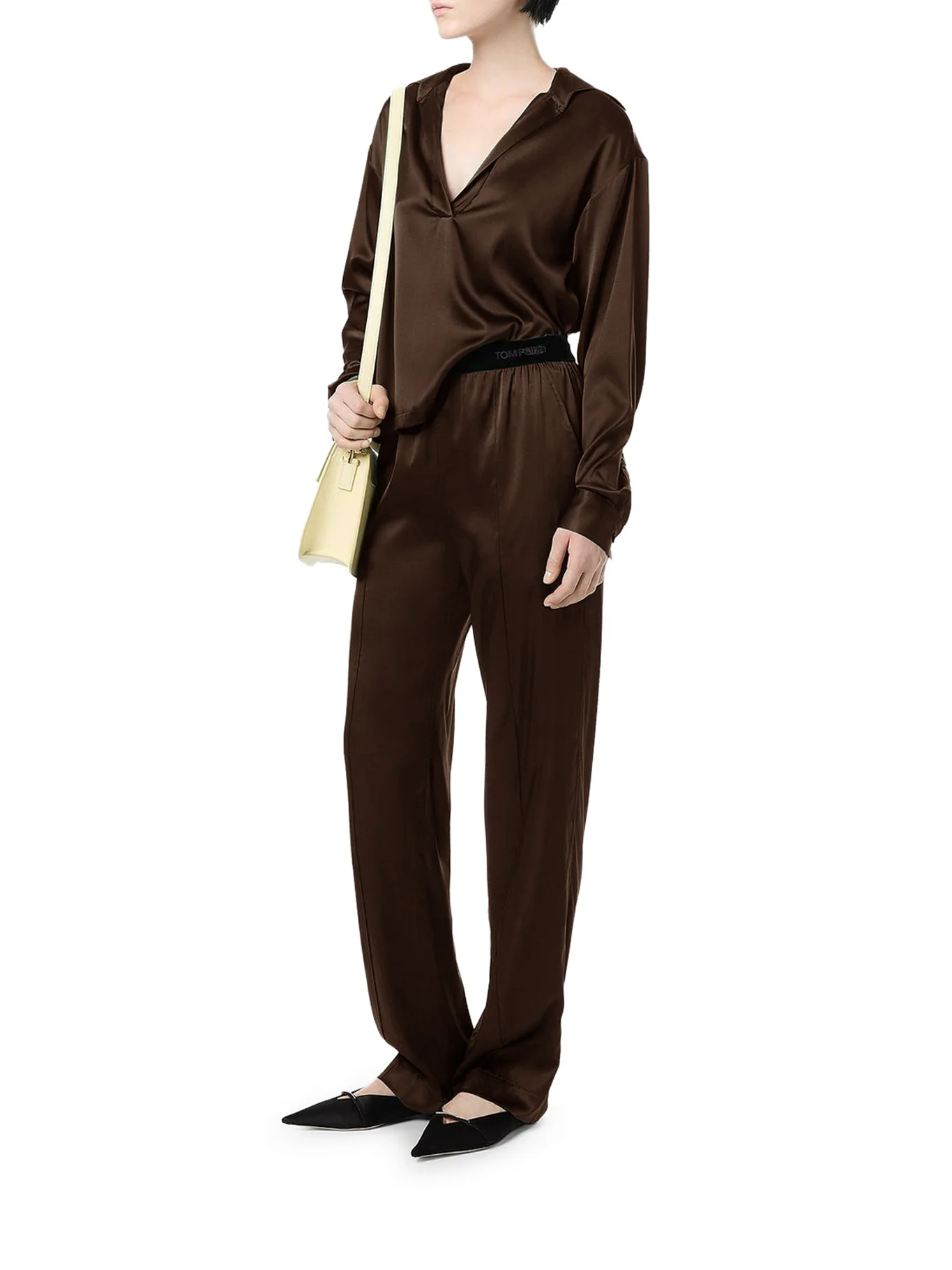 BROWN STRETCH SILK SATIN TROUSERS - Image 2
